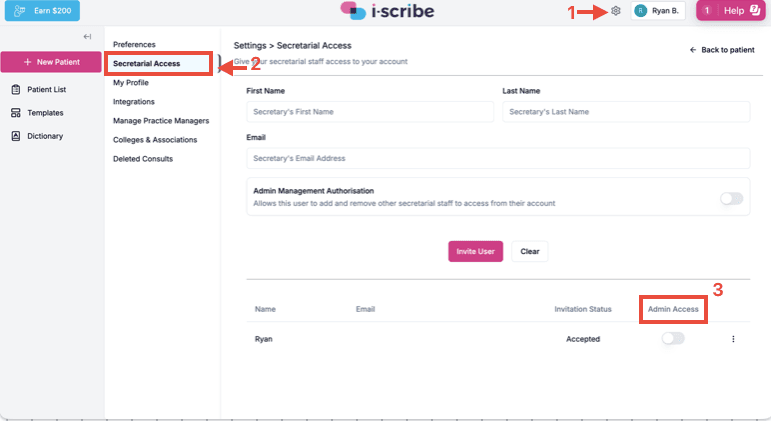 The i-scribe Settings screen open on the Secretarial Access tab, with the Settings gear icon (1), the Secretarial Access menu item (2), and the Admin Access toggle in the secretary list (3) highlighted.