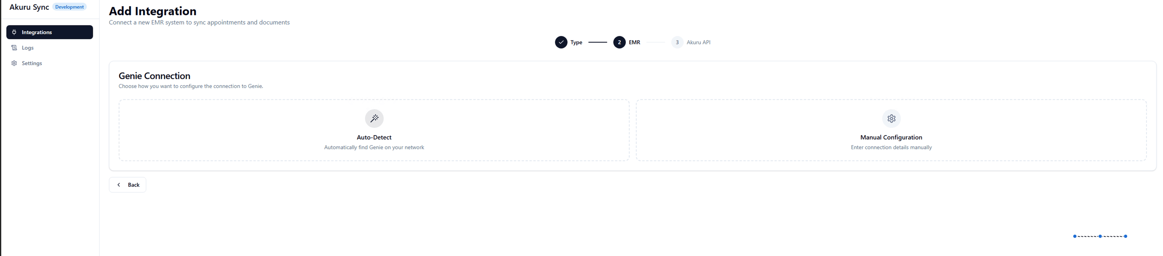 Selecting Genie EMR from the list of integrations in the Akuru Sync Agent