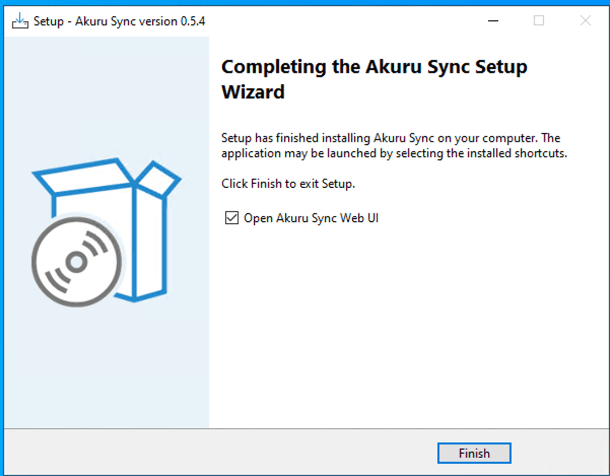 Akuru Sync Agent installer complete screen with the Open Akuru Sync Web UI option