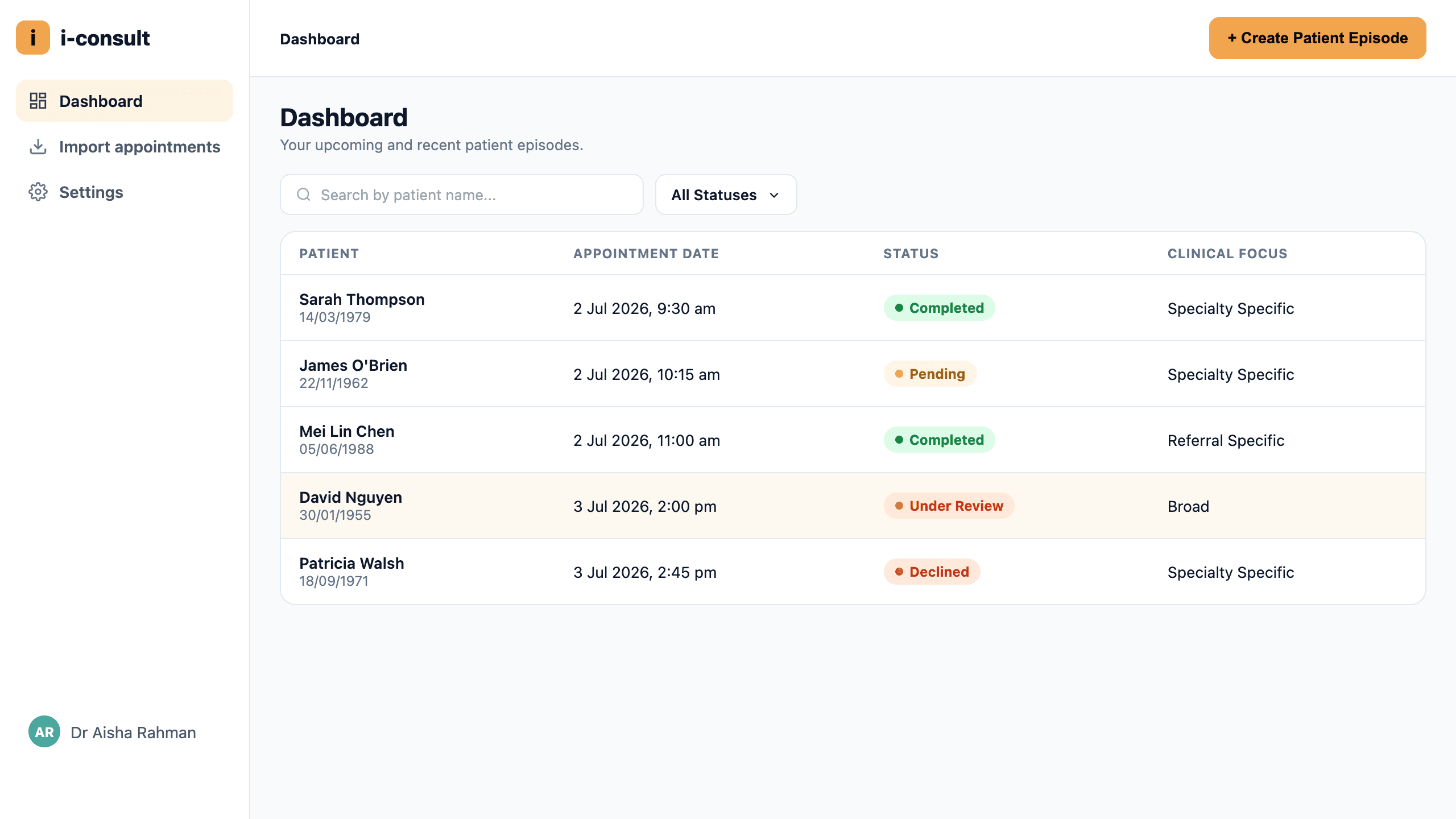 The Status column on the dashboard — here showing Completed, Pending, Under Review and Declined episodes.