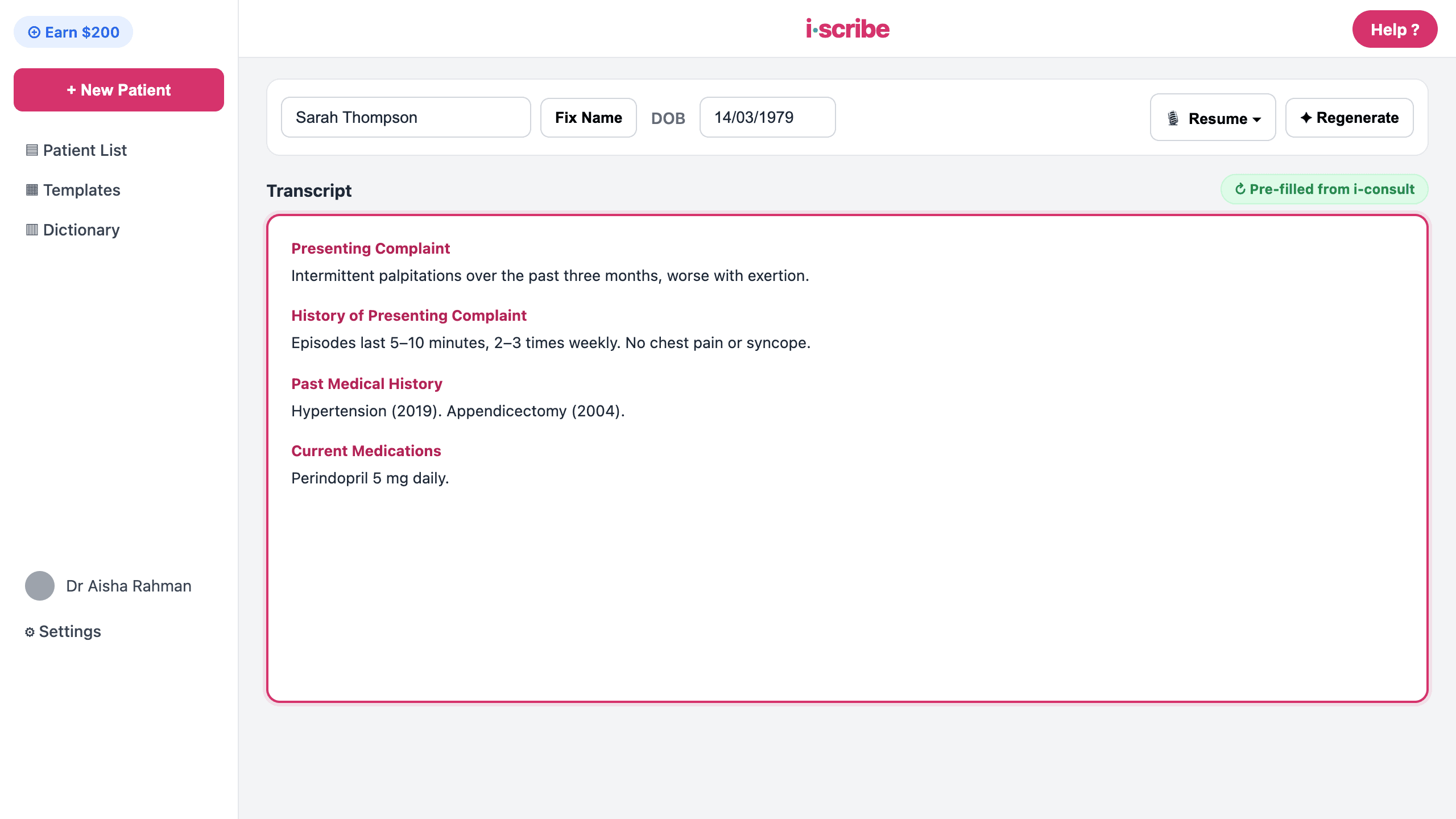 The patient's i-consult history, already in the i-scribe transcript box and flagged as pre-filled from i-consult.