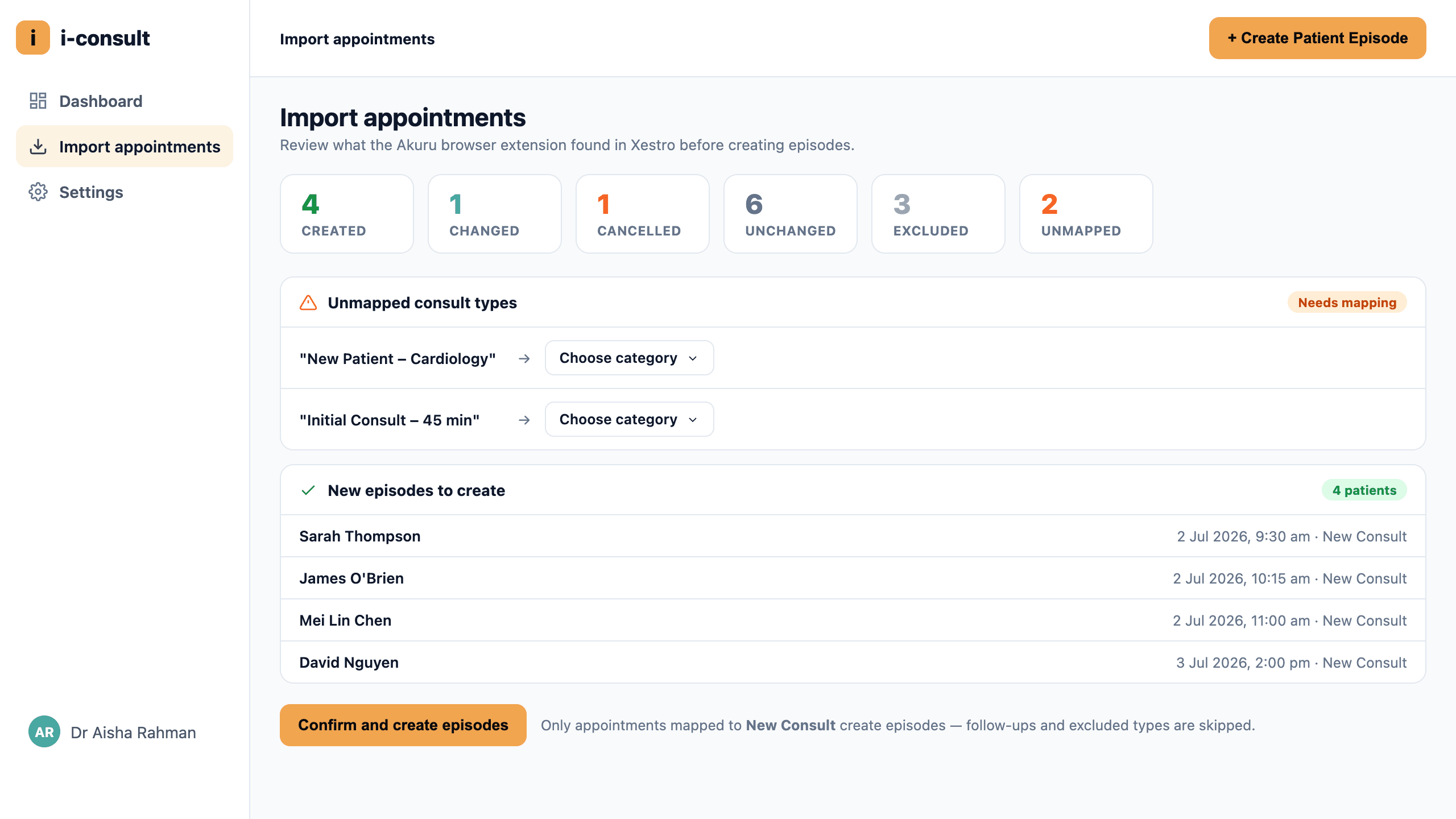 The import review page: a reconciliation summary up top, unmapped types to classify, and the new episodes that will be created.