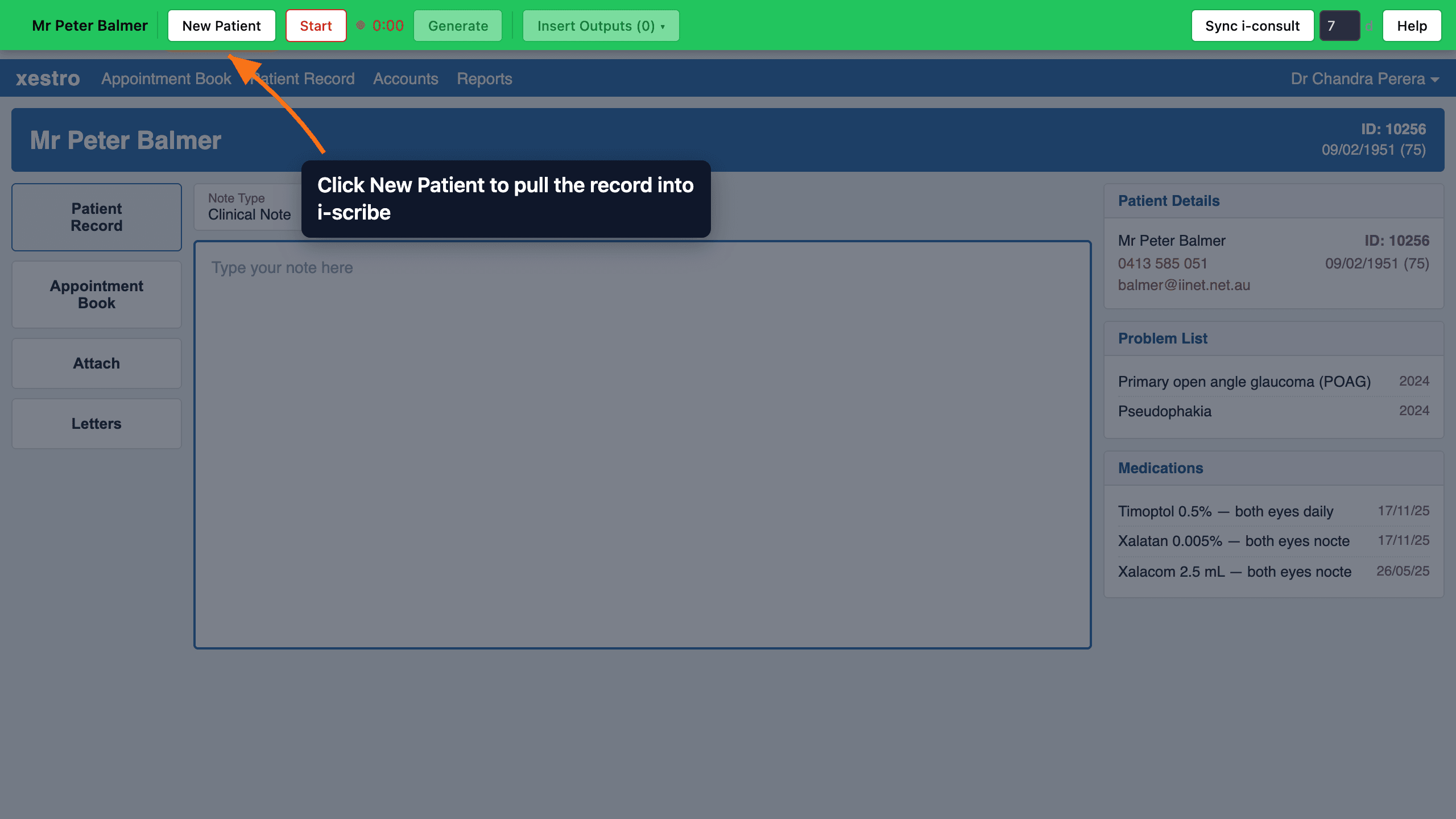 Click New Patient in the green Akuru toolbar to pull the open EMR record into i-scribe — you stay on the EMR.