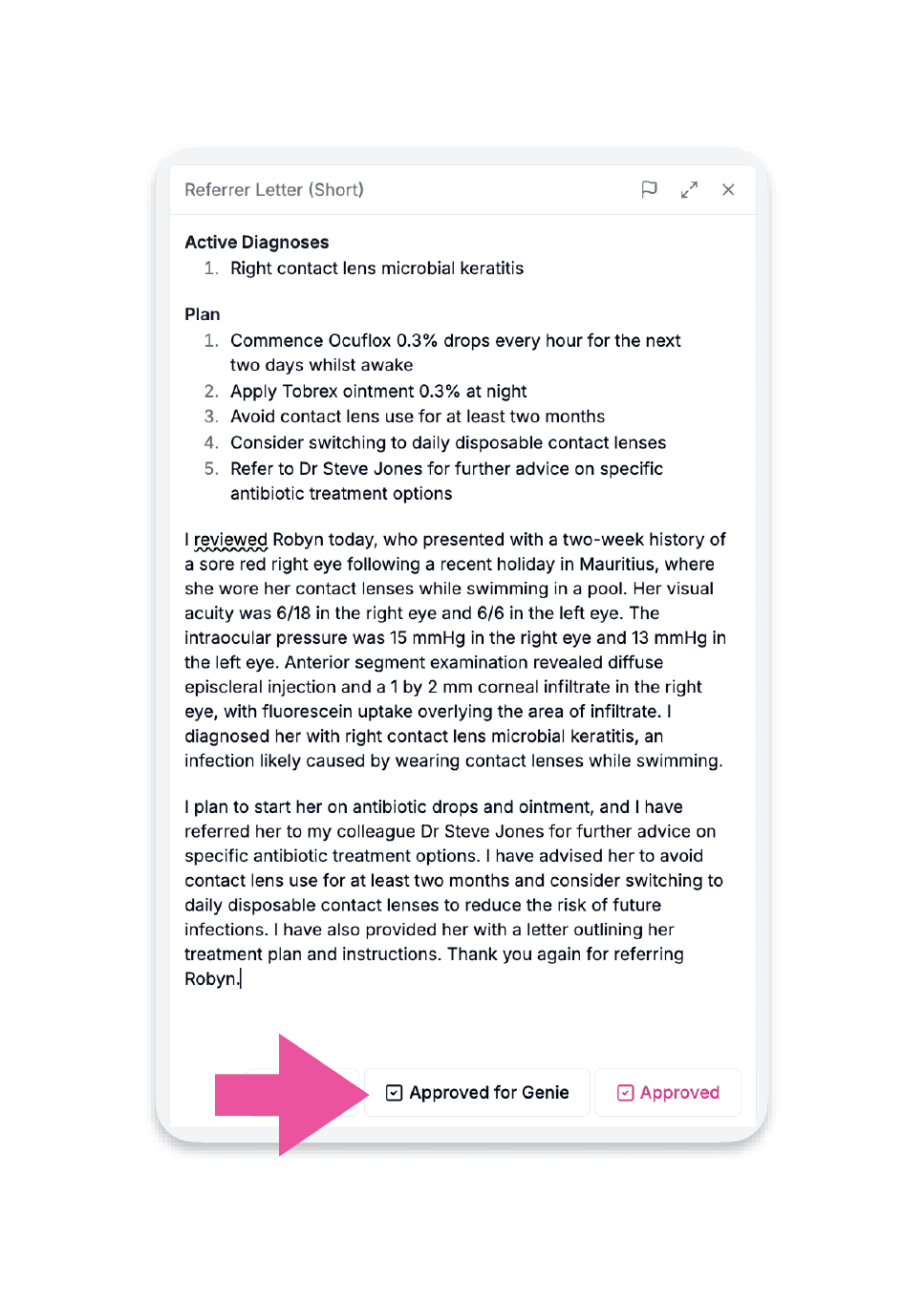 Screenshot of an i-scribe letter showing the Approved for Genie button at the bottom of the document panel