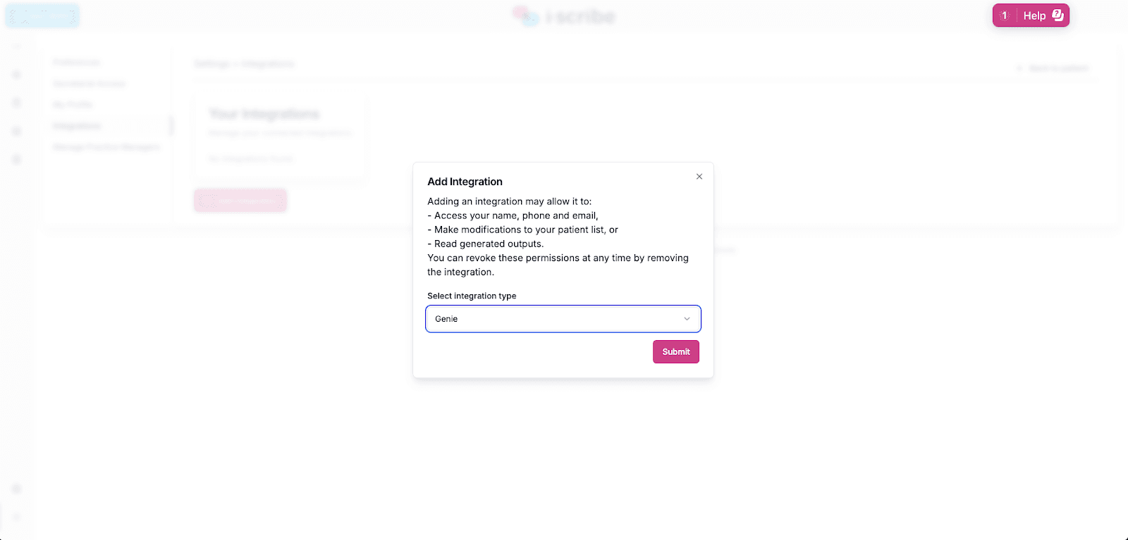 i-scribe Add Integrations dropdown with Genie selected