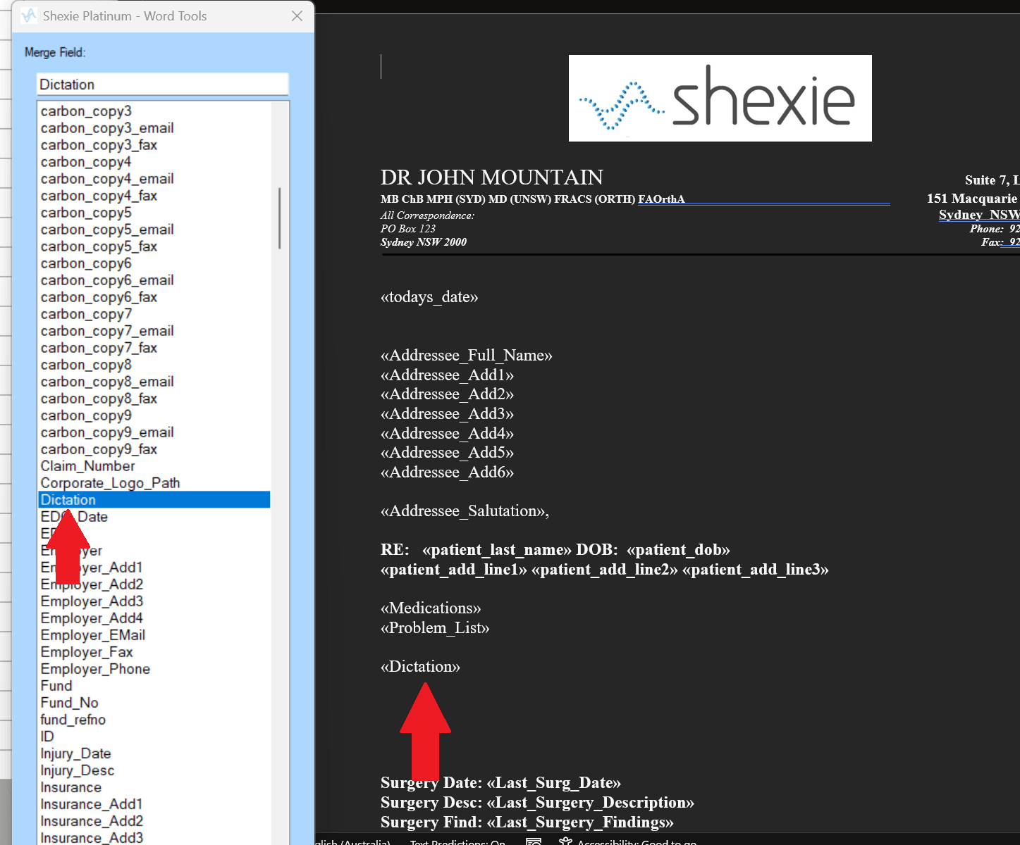 Word document template with the Dictation field highlighted in the fields panel and the Add Field button, showing where the merge field gets inserted