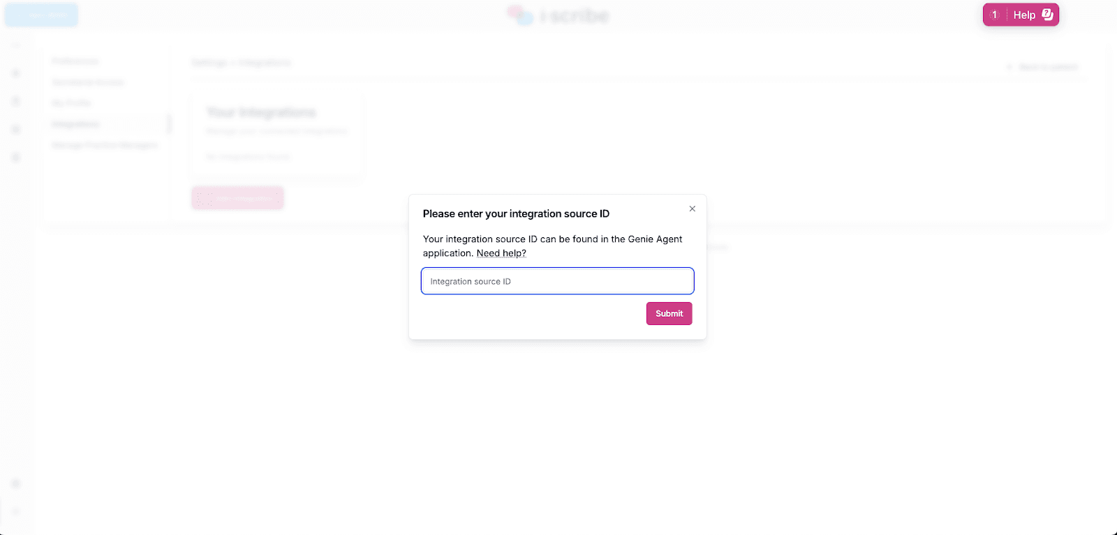 i-scribe Genie integration form with the Integration Source ID field and Submit button