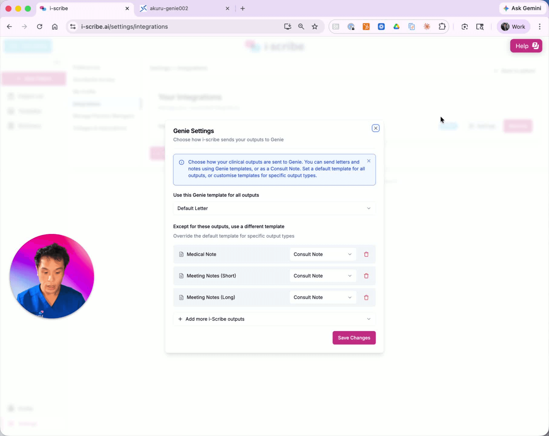 The i-scribe Genie integration settings showing default document destinations and template mappings