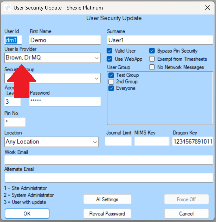 User Security Update dialog in Shexie Platinum with a red arrow pointing at the User is Provider field, showing Brown, Dr MQ selected