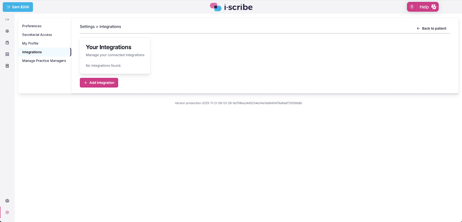 i-scribe Settings page with the Integrations tab selected