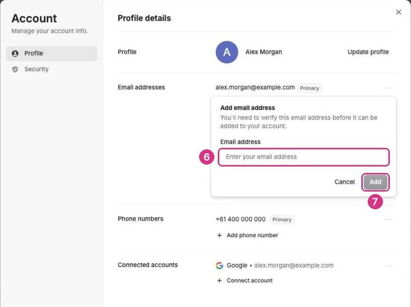 i-scribe Add email address form. Marker 6 highlights the Email address field and marker 7 highlights the Add button.